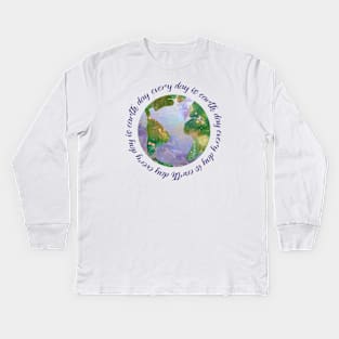 every day is earth day - protect our beautiful planet (watercolors and purple handwriting repeated) Kids Long Sleeve T-Shirt